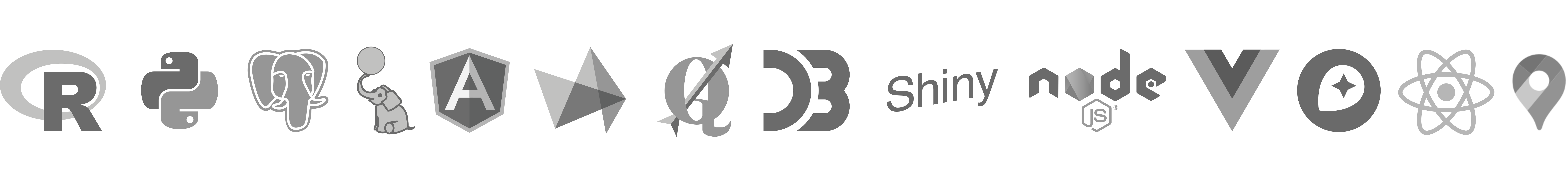 R, Python, PostgreSQL, PostGIS, React, Mapbox, Highcharts, ArcGIS/QGIS, D3, Shiny, Node.js, Angular, Vue.js, Google Maps API, Typescript