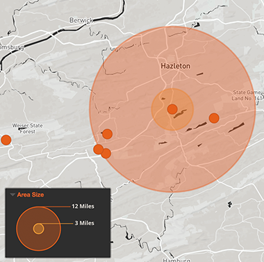 Map of 3 and 12 mile radius surrounding a coal plant