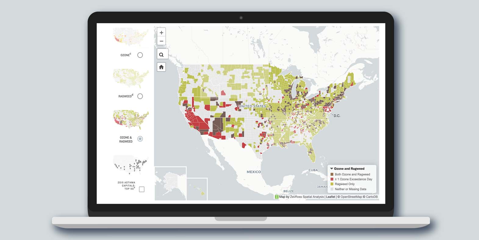 Zoomed in map from the application showing Michigan Ozone and Ragweed levels